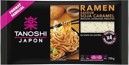 TANOSHI - Ramen Précuites Saveur Soja Caramel - Nouilles Japonaises Instantanées - Format Familial - Idéal pour 4 Personnes - 720 g