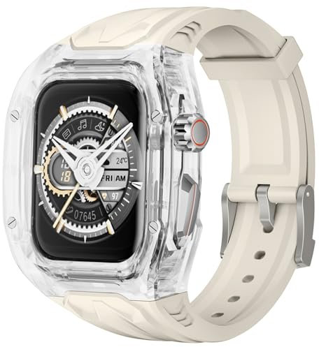 Delidigi Duradera TPU Correa Apple Watch con Transparente Protector Compatible con Apple Watch Series 9/8/7(45mm) iWatch Series 6/5/4/SE/SE2(44mm)-Starlight+Transparente