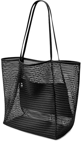 Bekeify Bolso de Playa de Malla para Mujer, Bolso de Hombro con Bolsa Interior con Cremallera, Grande Bolsa de Compra Familiar Plegable, para Playa, Viaje, Piscina
