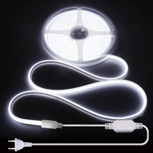 ALITOVE COB LED Streifen 230V Direktanschluss 5M Kaltweiß 6000K Flexibler LED Stripe Aussenbereich Wasserdicht für DIY-Beleuchtung und Heimdekoration (Ohne Schalter und Dimmer)