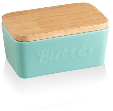 Sweejar - Mantequera de cerámica con tapa para encimera, recipiente para mantequilla con tapa de madera gruesa, soporte para mantequilla para mostrador o refrigerador, soporte de mantequilla,