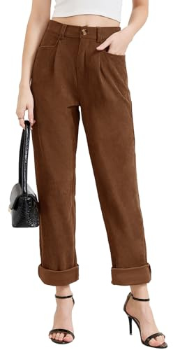 Rasutina Women Brown Corduroy Pants Casual Fall Pants High Waisted Straight Leg Pants for Women 2024 Stretchy Trousers Pants with Pockets X-Large