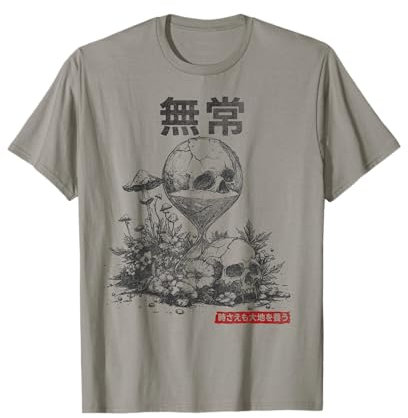 Sablier japonais rétro gothique craquelé crâne champignon Kanji T-Shirt