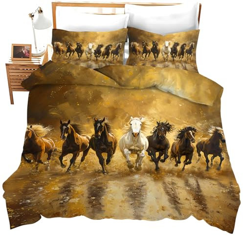 Bettwäsche-Set mit Pferde-Motiv Lucky 7 Horses, goldenes Bettwäsche-Set für Doppelbett, Queen-Size-Bett, Tiere, Steppdecken-Set für Mädchen, Jungen, Kinder, Jugendliche, Erwachsene, Männer und