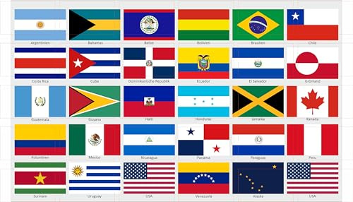 Panamericana Länderflaggen Aufkleber Set – 30 Flaggen Sticker auf 1 Bogen | 5 x 3 cm, Wasserfest & UV-beständig, Rechteckige Sticker, rückstandsfrei ablösbar, geeignet für Modellbau, Koffer, Dekoration