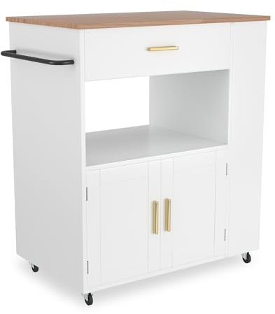 XMTECH Carrito de cocina de madera de pino, isla de cocina con toallero, estante para especias, ruedas de 360° y cajón, isla de cocina móvil, armario de cocina para almacenamiento adicional, LBH