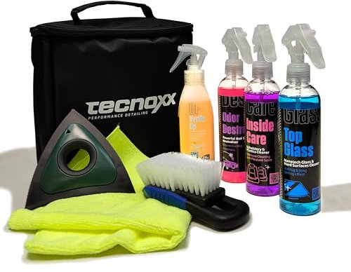 Tecnoxx Pet Car Detailing Kit Pulizia Auto per Animali - Borsa con Prodotti per Tessuti, Plastica, Vetri ed Eliminazione degli Odori + Rimuovi-peli, Spazzola e Panno - Ideale per Proprietari di Cani