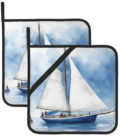 Set di presine isolate con motivo barca a vela blu, per cucina, adatto per microonde, forno e barbecue all'aperto