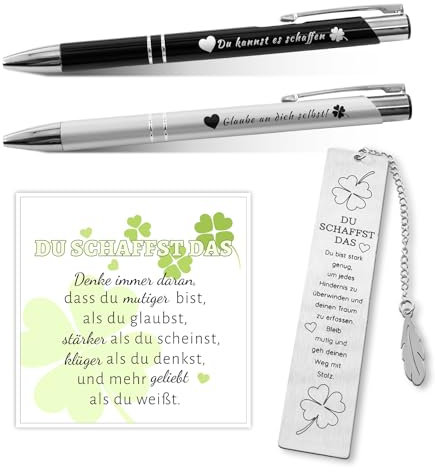 Henjunu Mutmacher Geschenk Set, Motivierende Kugelschreiber mit Spruch, Lesezeichen Metall, Du Schaffst Das, Glücksbringer Prüfung, Aufmunterung Geschenke für Männer Frauen Freund Kollege Prüfung