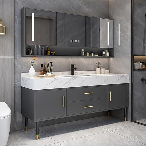 KJHYYPP Badezimmer-Waschtisch und Doppelwaschbecken – Badezimmer-Waschtisch mit intelligenter Beleuchtung, intelligentem Spiegelschrank und offenem Regal