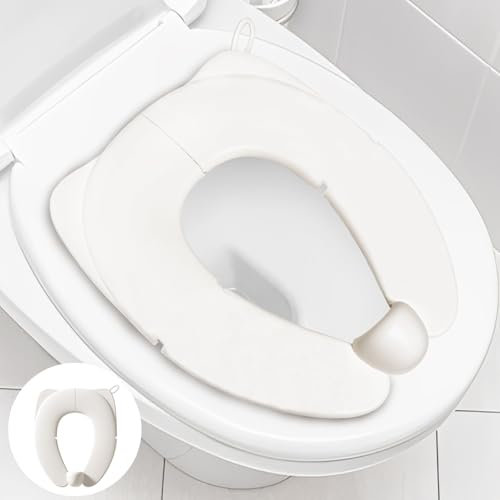 MOLVCE Faltbarer Toilettentrainer Kinder Cremeweiß, Toilettensitz Kinder für Unterwegs mit Rutschfesten Silikonkissen, Spritzschutz und Haken, Klappbarer Toilettensitz für Unterwegs Rutschfest