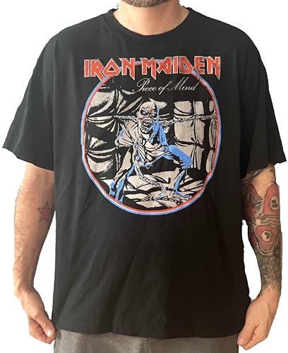 Iron Maiden Piece of Mind Tour Vintage Style Oversized Boxy Fit T-Shirt Officially Licensed, Black, S