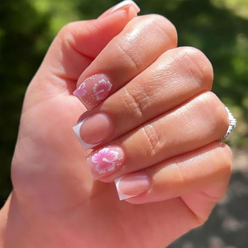 GlamRays 24 Stück Weiße Französische Blumen Aufkleber Nägel Kurze Quadratische Falsche Nägel mit Blüten Design Rosa Weiße Glänzende