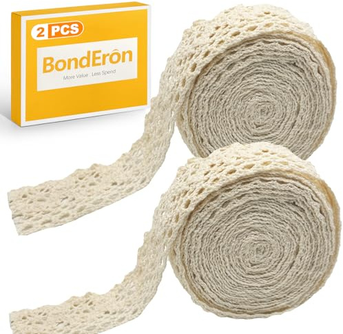 BondEron 4m (2 Rollen x 2m) Selbstklebendes Spitzenband Beige Vintage 2cm Breit, Spitzenborte Dekoband Zierband für Hochzeit Deko Basteln Scrapbooking