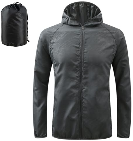 JiaYouLC Men's Packable Lightweight Waterproof Jacket No Pocket Hooded Raincoat in a Bag Sun Protection Windproof Rain Jacket (UK, Alpha, 3XL, Regular, Regular, Black)