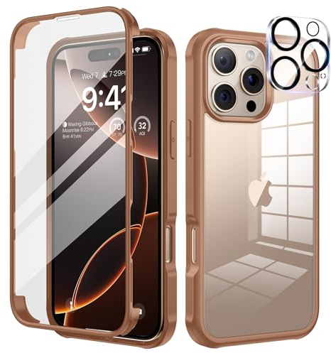seacosmo für iPhone 16 Pro Hülle mit eingebautem Panzerglas Displayschutz und Kamera Schutzfolie [9H HD], 360 Grad Handyhülle Ganzkörper Stoßfeste iPhone 16 Pro Case - Light Brown