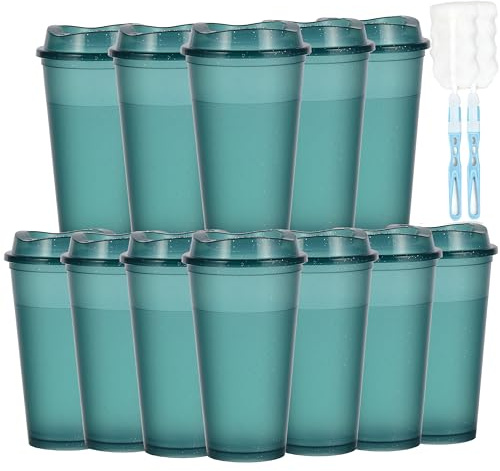 CuppaLifes 475ml Reusable Coffee Cups with Lids, 12 Pack Insulated Plastic Tumblers, Travel Mugs for Hot/Cold Drinks, Smoothie, Takeaway Cups for Adults (12, Dark Green)