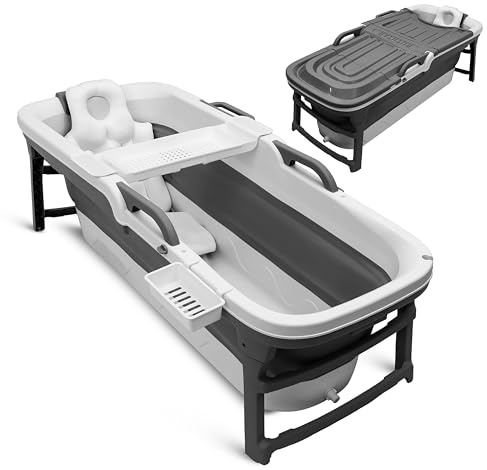 SereneLife Faltbare Badewanne Erwachsene - Mobile Badewanne - 150 cm mit LED Spa-Beleuchtung - Klappbar für Innen- und Außenbereich - Komplettset inkl. Zubehör, Dunkelgrau