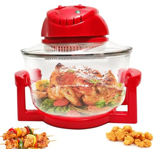 Glass Air Fryer, 12-Litre Oil-free Microwave Oven, 1300W, Adjustable Temperature Control and Timer, 360° Circulating Heat, Suitable for Baking and Roasting red