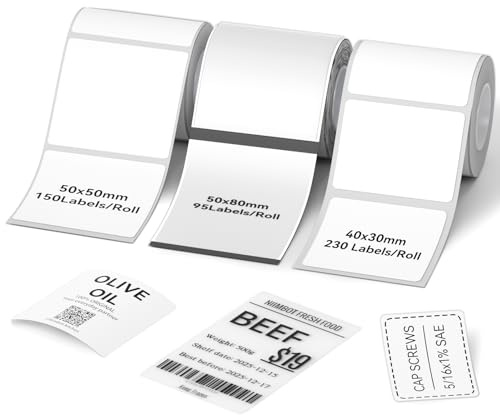 NIIMBOT 3 Rollen Etiketten für B1/B21/B3S Etikettendrucker, Weiß-40x30mm, Transparent-50x80mm, Quadrat-Weiß-50x50mm