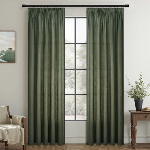 Topfinel Gardinen Retro Grün Leinen Vorhänge Wohnzimmer Schlafzimmer Deko Vorhang mit Kräuselband Halbtransparent Voile Natürlicher Stil 235x140cm Boho Gardine Gardine für Schienensystem 2er Set