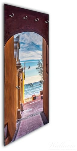 Wallario Wandgarderobe aus Glas in Größe 50 x 125 cm in Premium-Qualität, Motiv: Traumhafter Blick aus Gasse | 7 Kleiderhaken zum Aufhängen von Jacken