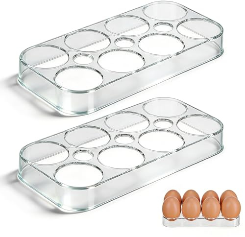 2 Pack Fridge Egg Tray for Kitchen Organisation - Egg Holder - Egg Storage Container - Space Saving Fridge Organisers and Storage for Kitchen - Holds 16 Eggs, Clear BPA-Free Plastic