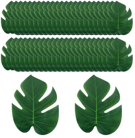 SYEYCW 50 Pcs Artificial Tropical Palm Leaves, Fake Green Monstera Leaves, for Hawaiian, Jungle Theme, Tropical Party, Birthday, Wedding, Table Wall Decorations Accessories
