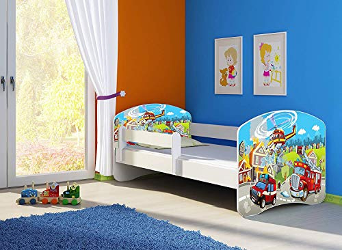 CLAMARO 'Fantasia Weiß' 160 x 80 Kinderbett Set inkl. Matratze und Lattenrost, mit verstellbarem Rausfallschutz und Kantenschutzleisten, Design: 37 Feuerwehr