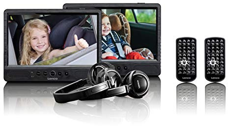 Lenco DVP-1045 Lecteur DVD Portable - 2 x 9 pouces - Autonomie Minimum 4 Heures - 2 Casques - 2 Télécommandes - 2 Télécommandes - 2 Fixations - Noir
