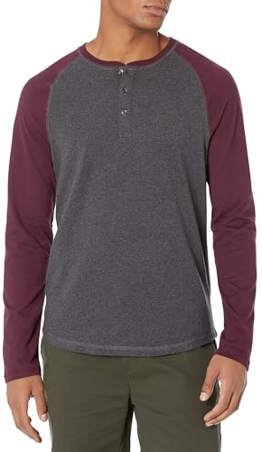 Amazon Essentials Men's Slim-Fit Long-Sleeve Henley Shirt, Charcoal Heather/Burgundy, L