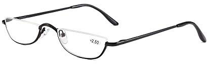 Lesebrille mit halbem Rahmen, Federscharniere für Männer und Frauen, schmal, Halbmondlinse, Lesebrille, Metall, halbrandlos, Brille (schwarz, +1,5)