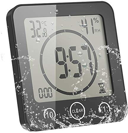 ALLOMN Badezimmer Uhr, LCD Digital Dusche Wecker wasserdichte Berührungssteuerung ℃ / ℉ Temperatur Luftfeuchtigkeit, Countdown Timer, 3 Montagemethoden, Batterieleistung (Schwarz)