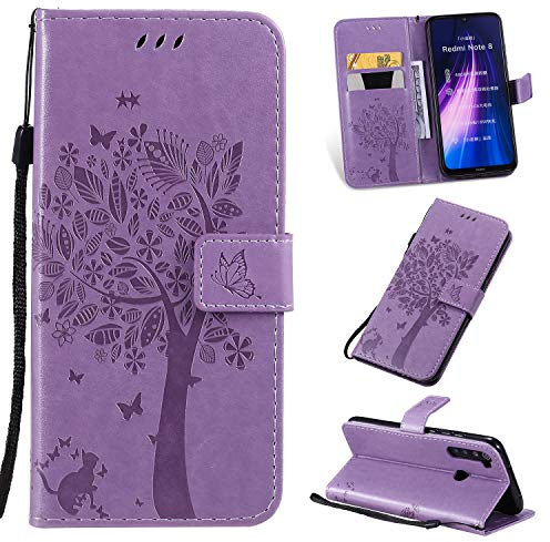 Zchen Funda Xiaomi Redmi Note 8, Funda Piel con Tapa Suave TPU y Cuero de PU Tipo Libro Billetera Resistente a los Golpes Carcasa para Xiaomi Redmi Note 8 (Gato-Morado)