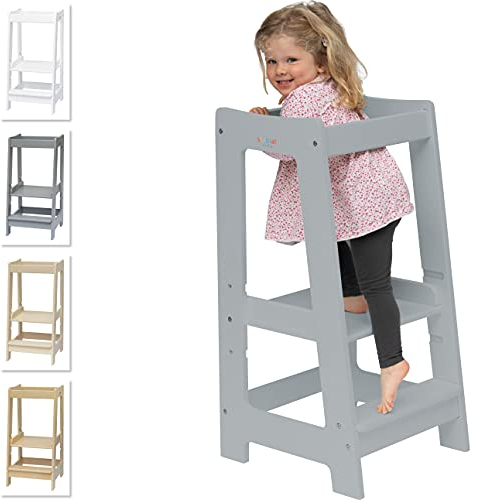 Stepup Baby Montessori Lernturm ab 1 Jahr Höhenverstellbar Tritthocker Kinder mit Sicherheitsgeländer und Kippschutz Steh und Lernturm ab 18 Monaten bis 5 Jahren - Grau