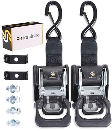 Strapinno Lot de 2 Sangles à cliquet rétractables (4,5 cm x 1,2 m) – Attaches Robustes pour Bateau, remorque de WC – Supports de Montage supplémentaires et Ensemble de boulons, loquet de sécurité en
