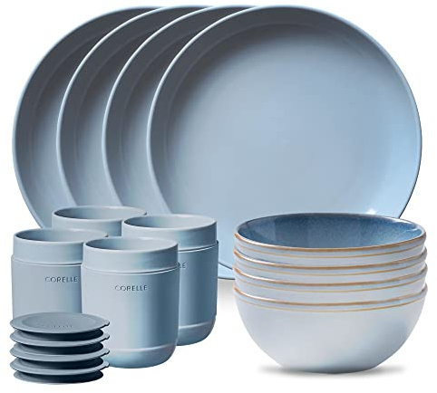 Corelle Stoneware 16-Pc Dinnerware Set, Handcrafted Artisanal Double Bead Plates, Meal Bowls, Bowls and Tumblers, Solid and Reactive Glazes, Dining Plate Set, Nordic Blue