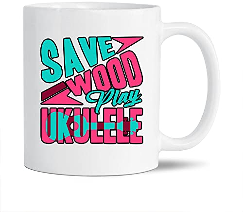 Ukulele Teetasse Geschenke für Familie / Freunde, Save Wood Play Ukulele Weiß Keramik Tasse Lustige Ukulele Dekorative Teetasse Ukulele Reise Kaffeetasse 325 ml