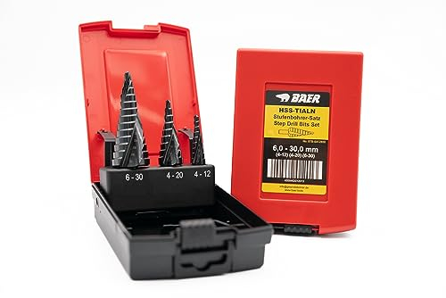 BAER HSS-TiAlN - Set di punte per trapano a gradini, 4 – 30 mm (4 – 12 & 20) (6 – 30) – punte coniche – acciai CrNi, metalli non ferrosi e acciai