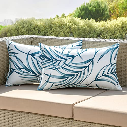 EMEMA Outdoor Kissenbezug Wasserdicht Blattmuster Dekokissen Wasserfeste Kissenbezüge Kissenhülle Zierkissen Couchkissen Bezug für Sofa Couch Schlafzimmer 2er Set 30x50 cm Blau