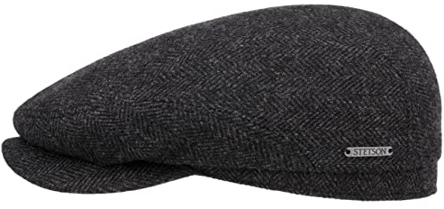 Stetson Belfast Flatcap - Schiebermütze Herren - Schirmmütze mit Wolle - Herrenkappe Herringbone mit Innenfutter (Baumwolle) - Wollcap Herbst/Winter - Flat Cap schwarz-grau 57 cm