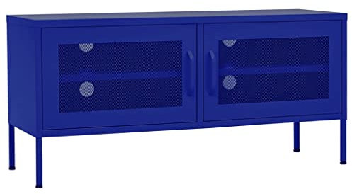 vidaXL TV Cabinet in Navy Blue Steel - Sturdy and Durable Media Unit with Adjustable Height Levelers, Mesh Doors and Cable Organization Holes, Industrial Style for Living Room or Bedroom