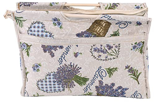 Knitting Needle Storage Bag with Wood Handle,Exquisite Woven Fabric Storage Bag,Travel Yarn Organizer Crochet Bag with Convenient Zipper for Knitting Needles Sewing Tools,16.5*11.8*4.3in(Blue Flower)