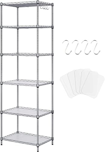 Taotigzu Estantería Metálica con 6 Baldas Ajustables y 4 Ganchos | Plata, 42 × 30 × 160 cm, Ideal para cocina, despensa, baño o lavandería