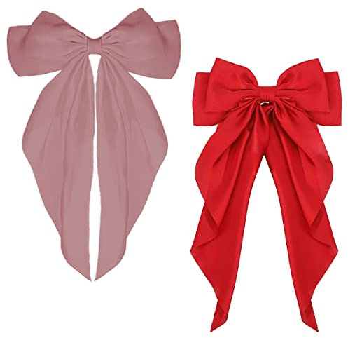 ZEVONDA Haarschleifen Clips - Haarspangen mit Großer Schleife Einfarbige Haarnadel mit Schleife Haarspangen Accessoires für Mädchen Frauen, Rot + Rosa (2PCS)