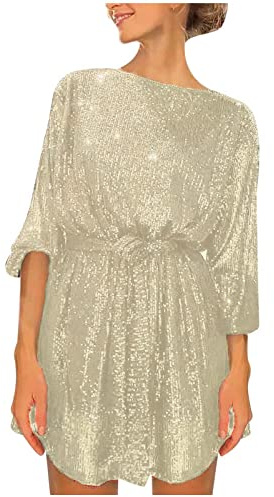 Azruma Kleid Damen Strick winterkleid Ugly Christmas Kleid Damen&I3 Sexy Pailletten Rundhals Mini Kleid Elegant Langarm Kurz Kleid Sommer Party Spitzenkleider Gold M