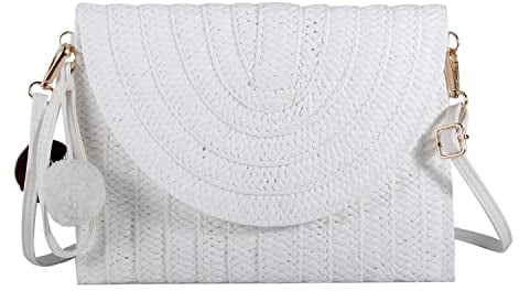 Syrads Sac à main d'embrayage de soirée en paille pour femme Sac à main de plage d'été Sac d'enveloppe tissé en paille,Blanc C