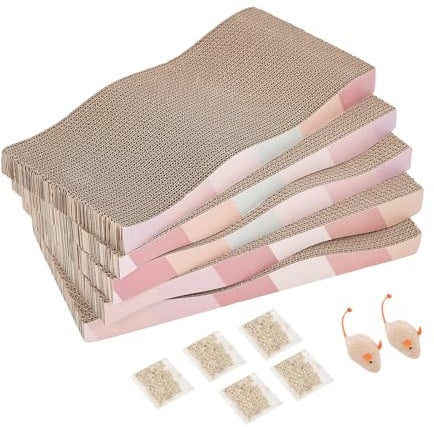 SIDAZON Cat Scratching Pads Cardboard Cat Scratchers for Indoor Cats Reversible Large Wide Corrugated with Catnip and Mini Toy(5pcs)