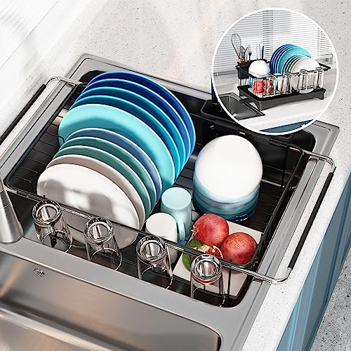 MAJALiS Escurridor de Platos para Fregadero, Doble Uso para Encimeras y sobre Fregadero, Escurreplatos Extensible de Acero Inoxidable para Encimera de Cocina con Porta Utensilios y Portavasos, Negro