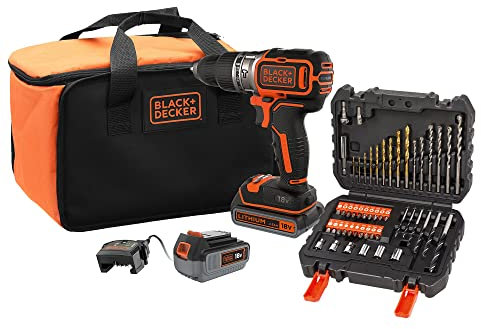 BLACK+DECKER Trapano avvitatore a percussione 18V, motore senza spazzole, mandrino 13mm, LED, 2 batterie, 50 accessori, caricabatterie, borsa, BL188ME2SA-QW